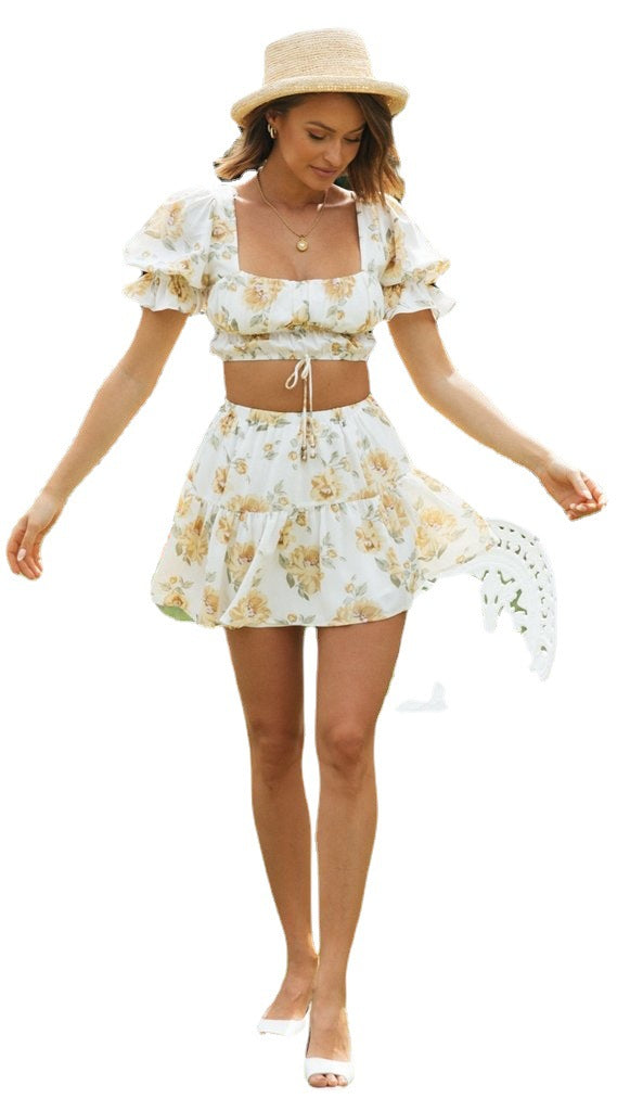 Floral Square Neck Puff Sleeve Crop Top & Skirt Set | Boho Two Piece Outfit | noémi