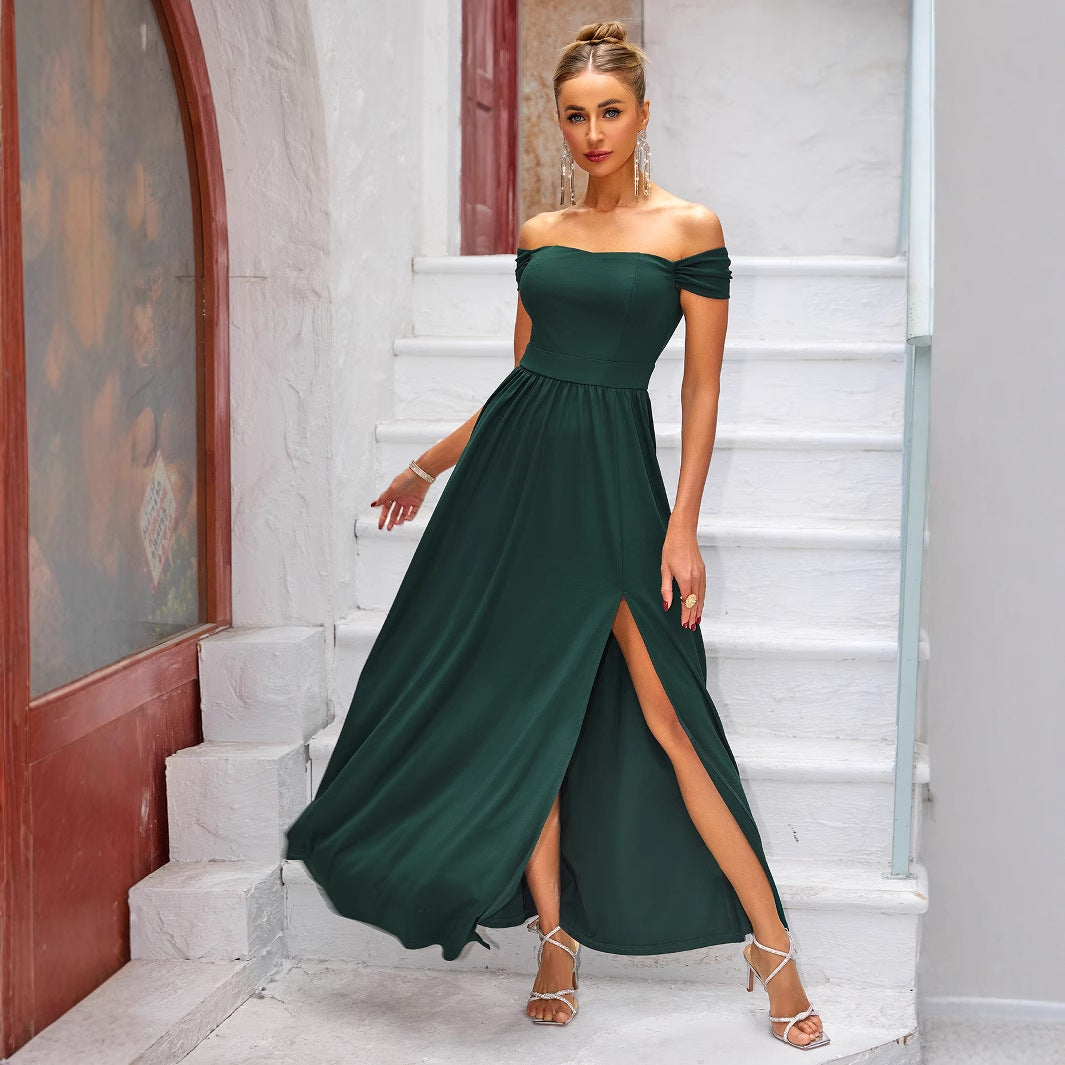 Off Shoulder Pleated Corset A Line Maxi Dress With Slit | noémi