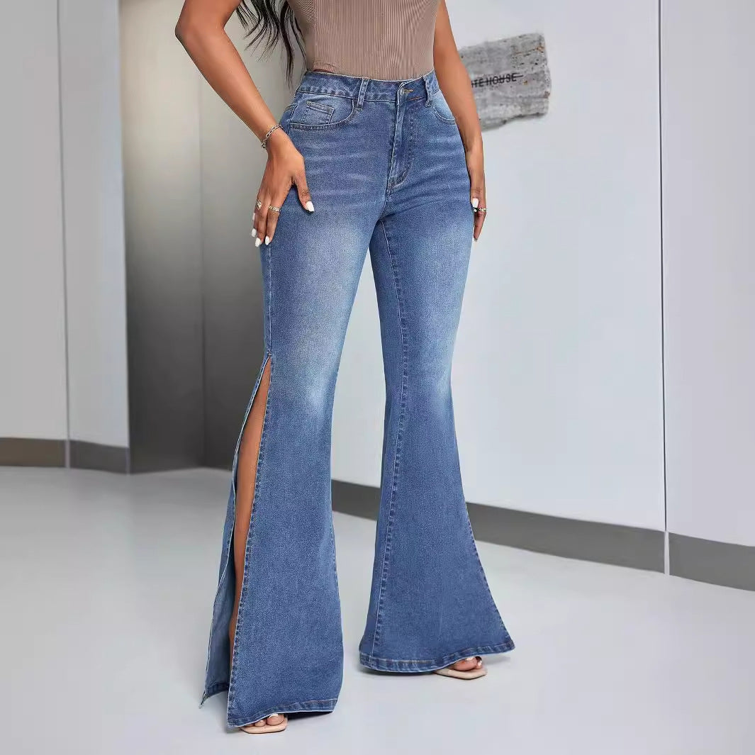 High Waist Bell Bottom Jeans | Slim Fit, Stretch Denim, Split Hem Flare Pants | noémi