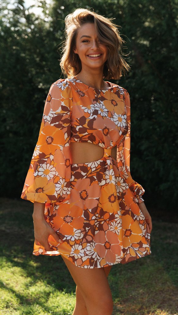 Womens Floral Printed Cropped Backless Dress with Lantern Sleeves | noémi
