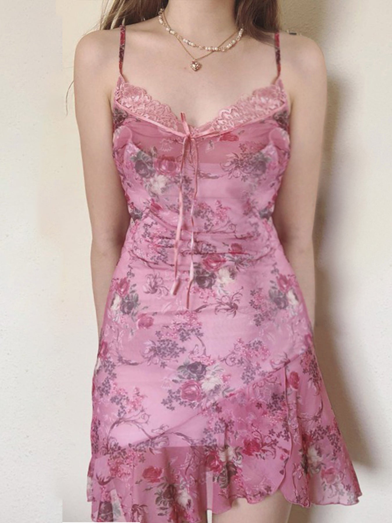 Lace Patchwork Dress | Retro VNeck Sling Dress | Irregular Hem | Floral Print Mini Dress | noémi