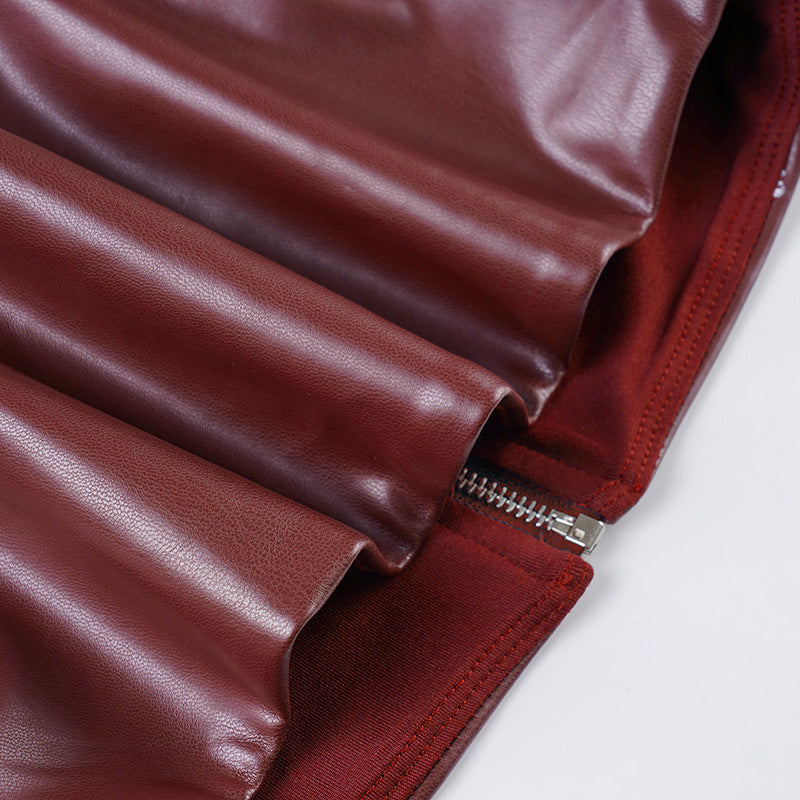Faux Leather Bandeau Top | Asymmetric VNeck, Pleated Waist, Strapless, Wine Red | noémi