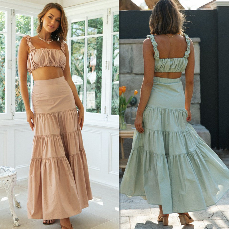Womens Two Piece Ruffle Strap Crop Top & Tiered Maxi Skirt Set | Matching Outfit | noémi