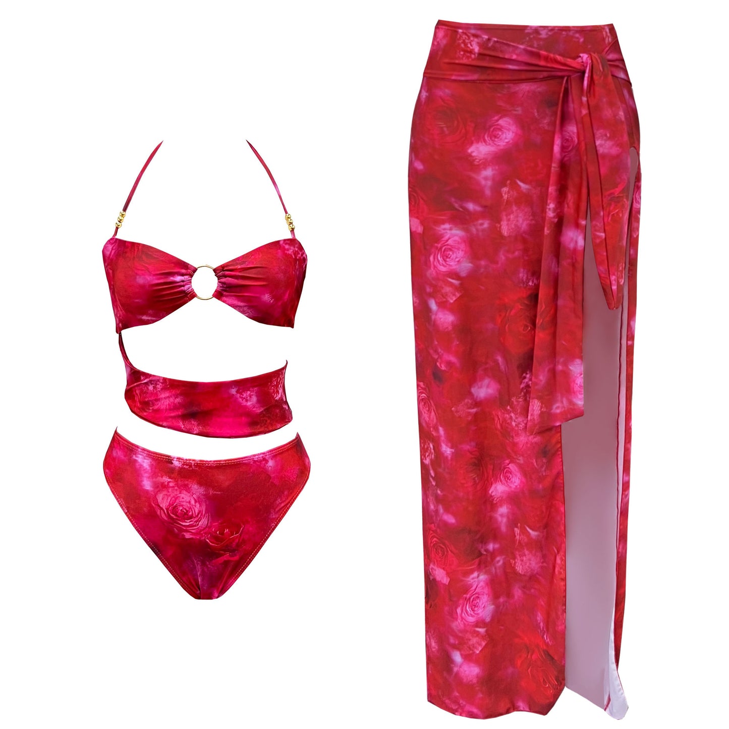 Retro Print Multi Strap Cutout Swimsuit & Wrap Skirt Set | Two Piece Beachwear | noémi