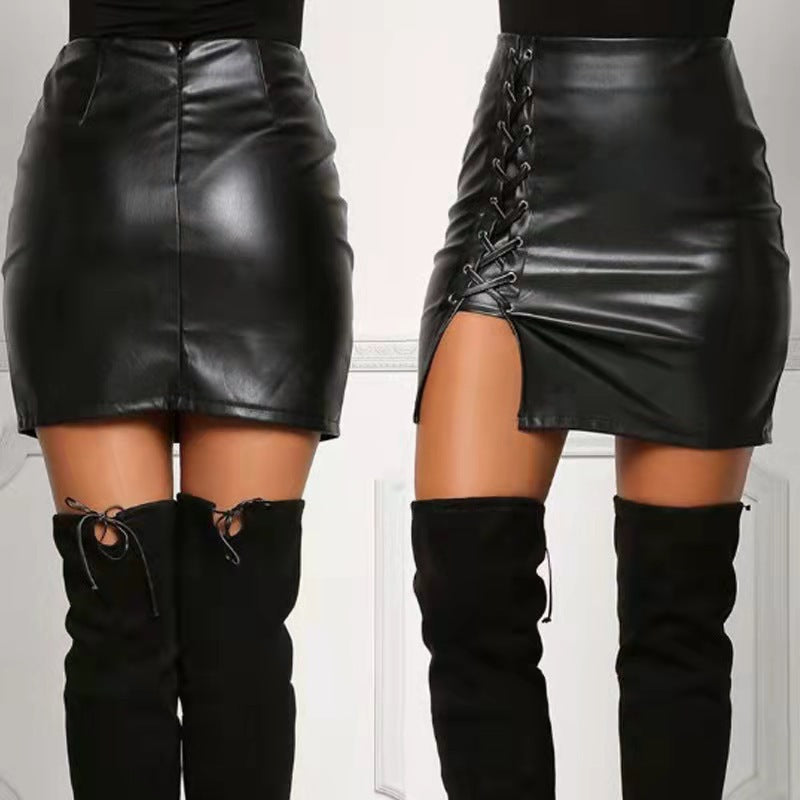 HighWaist Faux Leather Mini Skirt with Side Strap & Split | noémi
