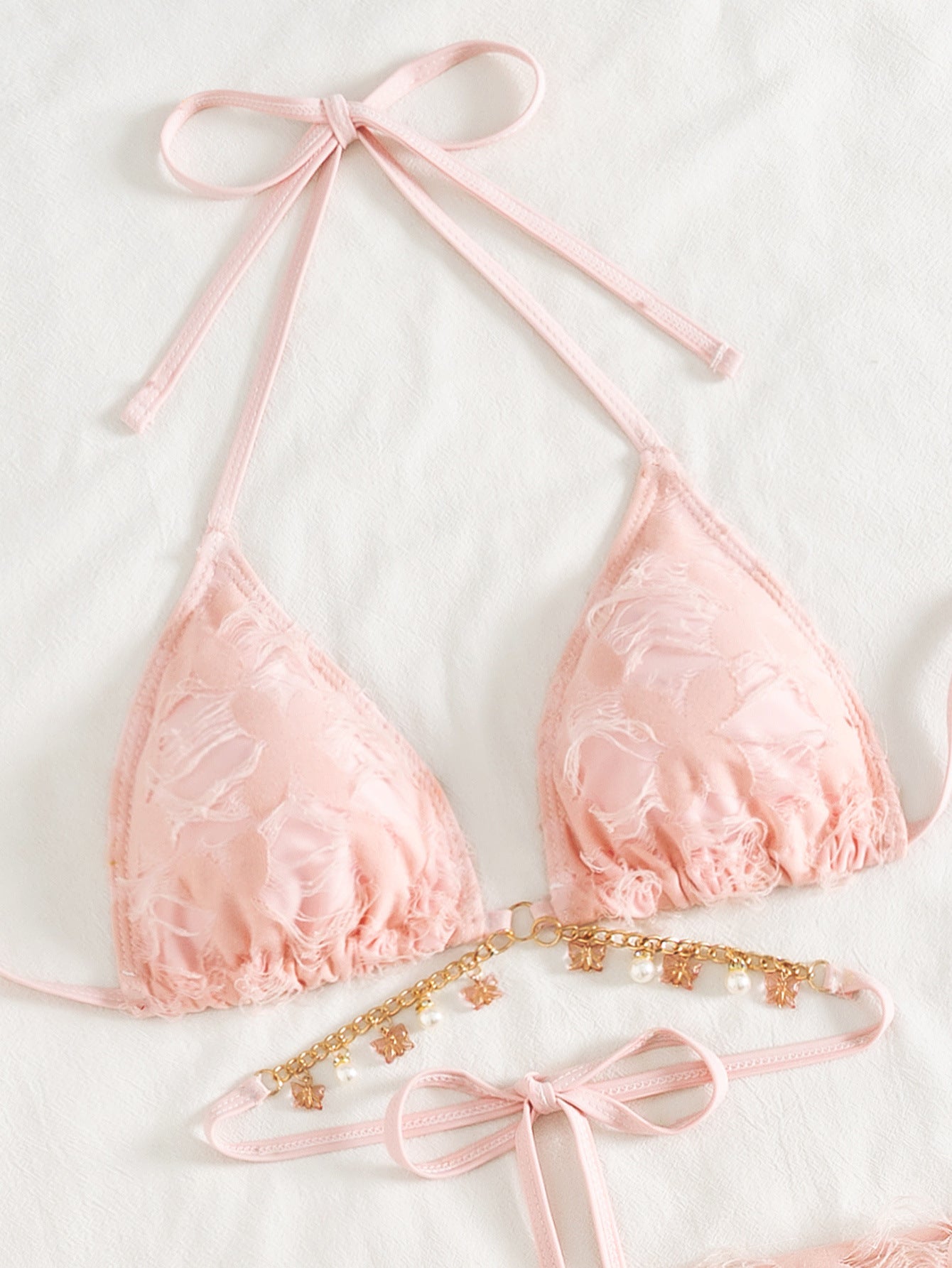 Pink High Sense Halter Swimsuit with Wrap Skirt Cover Up | Three Piece Lace Bikini Set | noémi