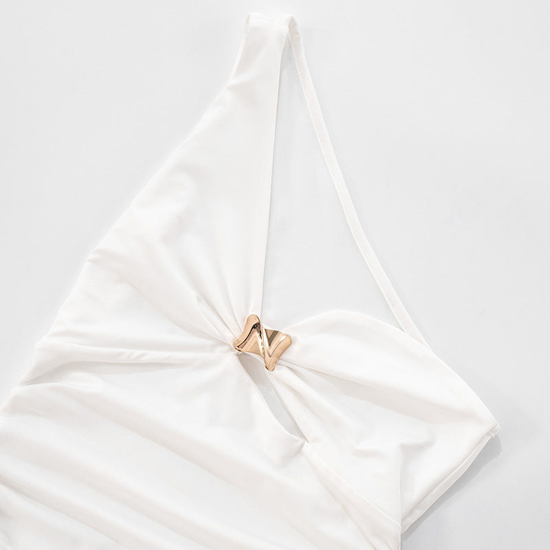 One Shoulder Cutout Top with Gold Ring | White Slim Fit Summer Tank | noémi
