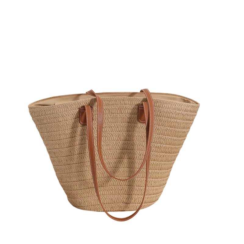 Large-Capacity Straw Shoulder Tote Bag – Hand-Woven Brown, Beach Ready | noémi