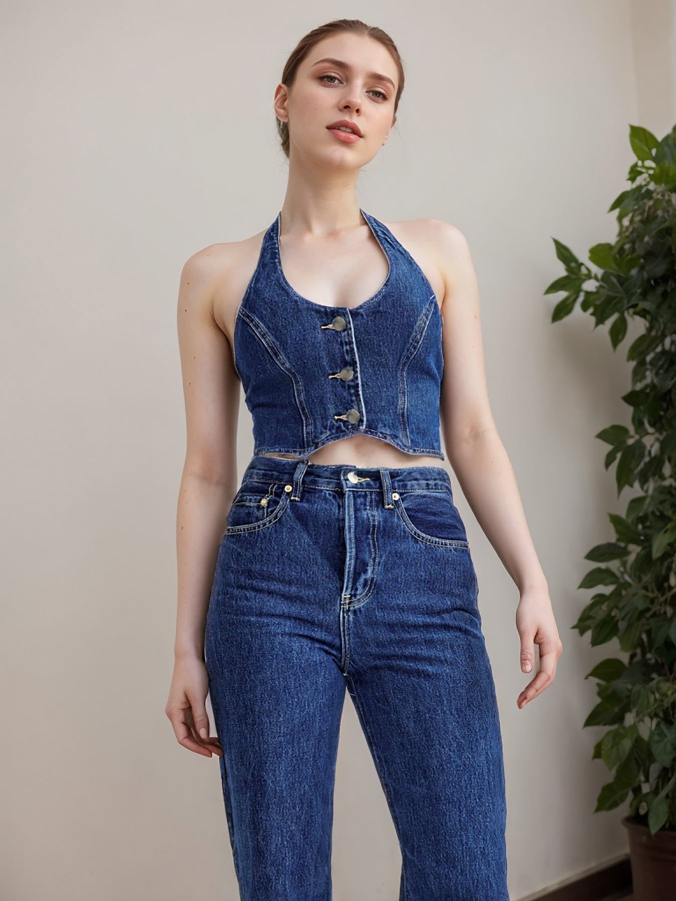 Mediation Halter Denim Vest | Backless, Cutout, Stretchy & Stylish Women’s Outerwear Top | noémi