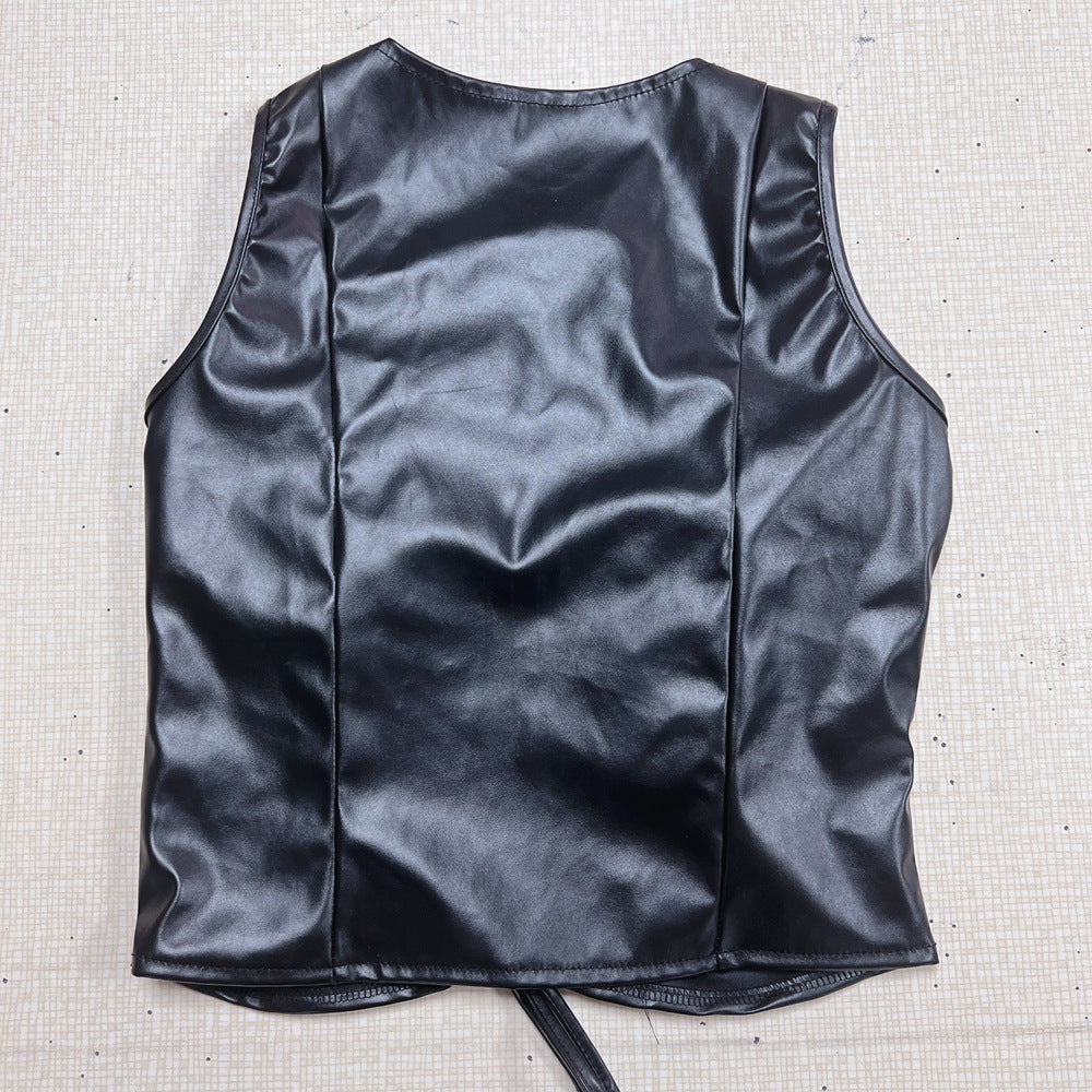 Womens Faux Leather Lace Up Sleeveless Vest Top in Solid Color | noémi