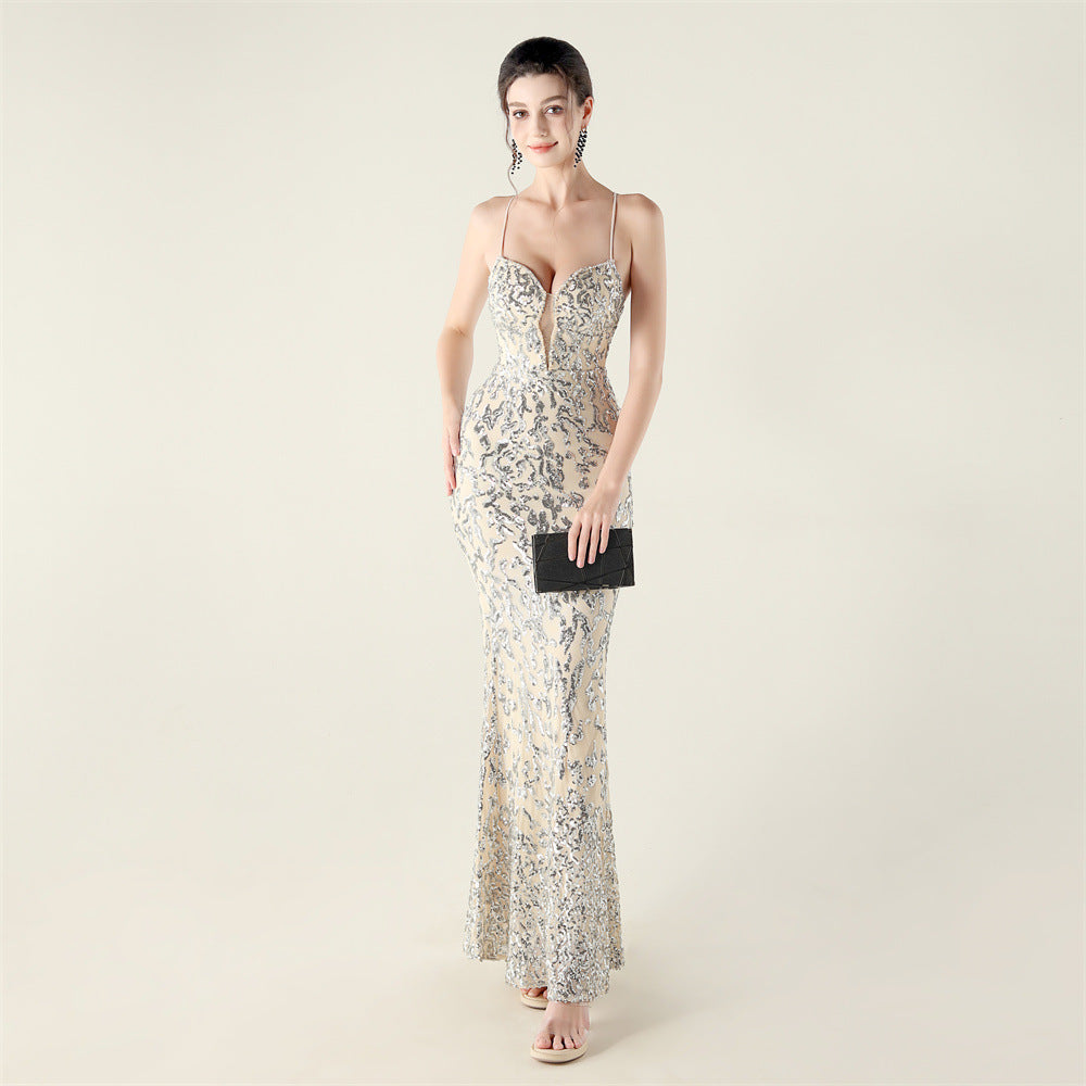 Beaded Sequin LaceUp Gown | Deep V Heart Neckline, Waist Trimmed, Backless | noémi