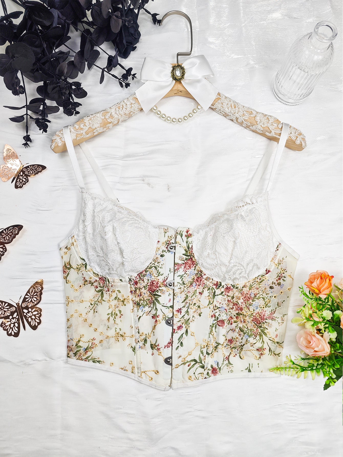 Chiffon Lace Boning Corset Vest with Waist Fit and Spaghetti Straps | noémi