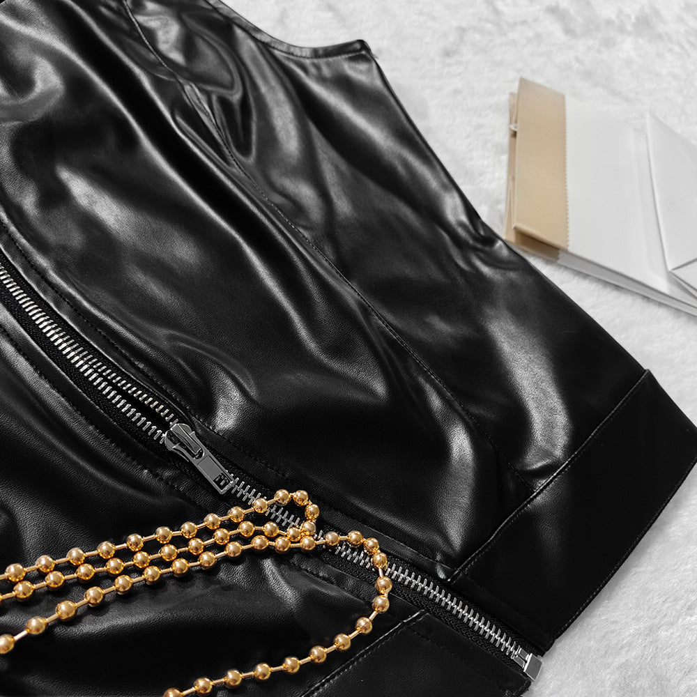 Sleek Stand Collar Faux Leather Vest | Sleeveless Slim Fit with Waist Defining Zipper Detail | noémi