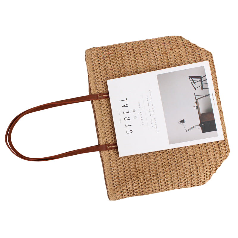 Brown Straw Woven Shoulder Bag – Pure Color Minimalist Tote for Daily Commute | noémi