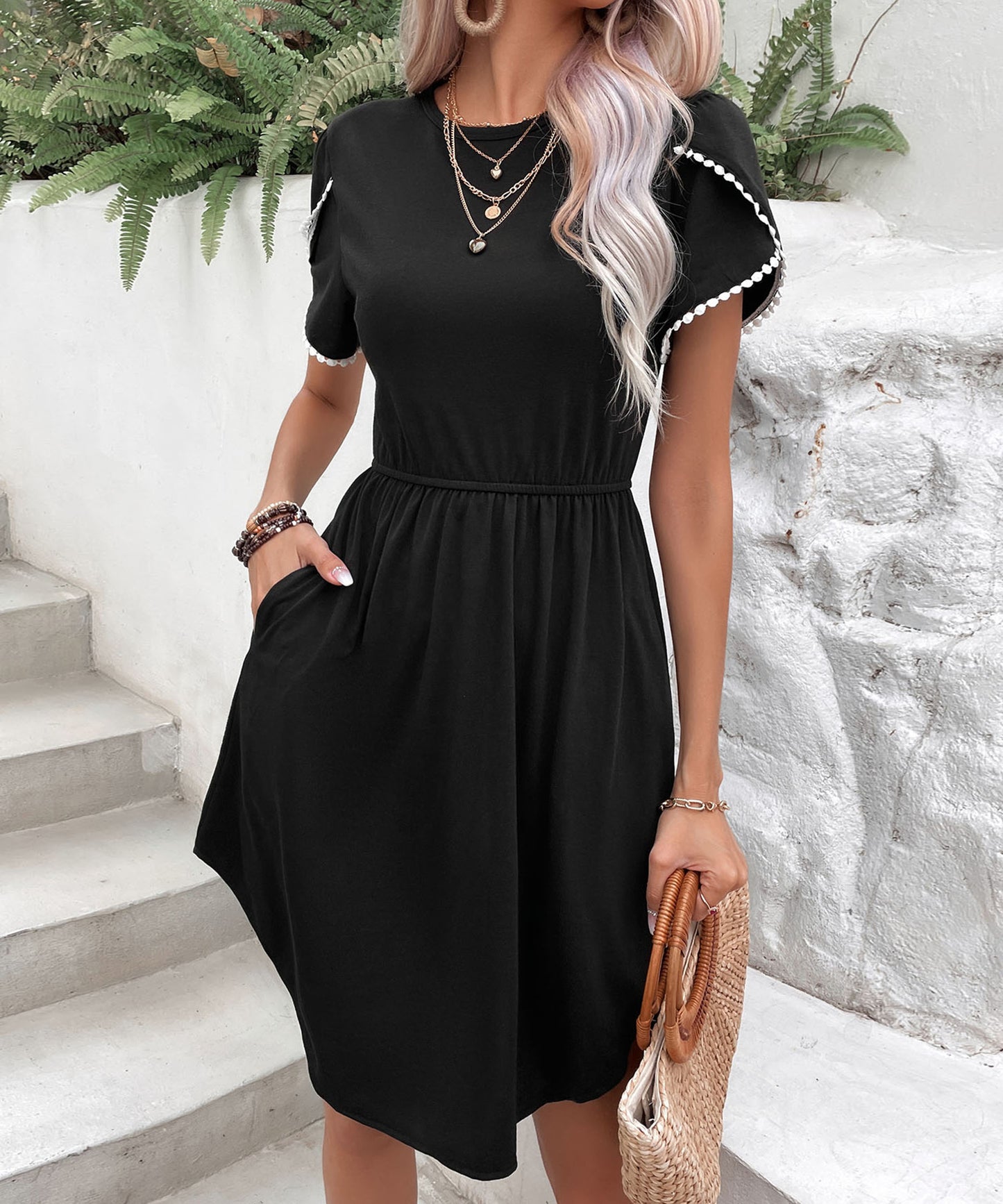 Black Lace Petal Sleeve Round Neck T Shirt Dress For Women | noémi