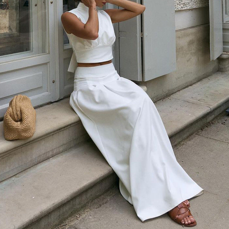 White Halter Crop Top & Pleated Maxi Skirt | Two Piece Set, Backless, Tie Back | noémi