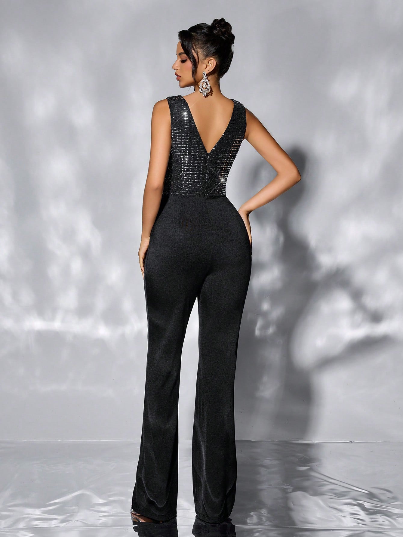 Black Sequin Sleeveless Jumpsuit | Waist Defining, Wide Leg | noémi