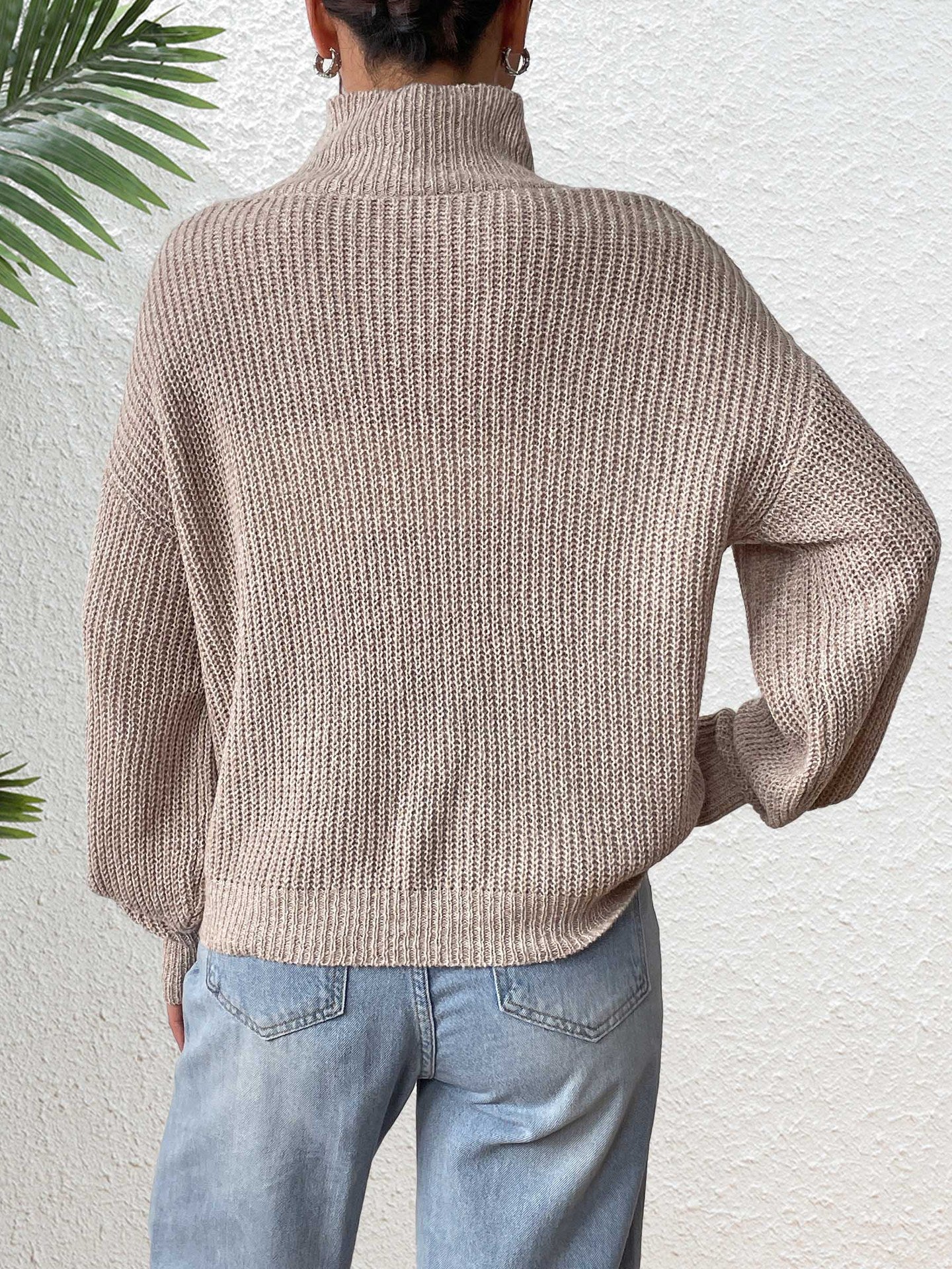 Womens Knit Turtleneck Sweater | Beige Pullover with Black Velvet Bow | noémi