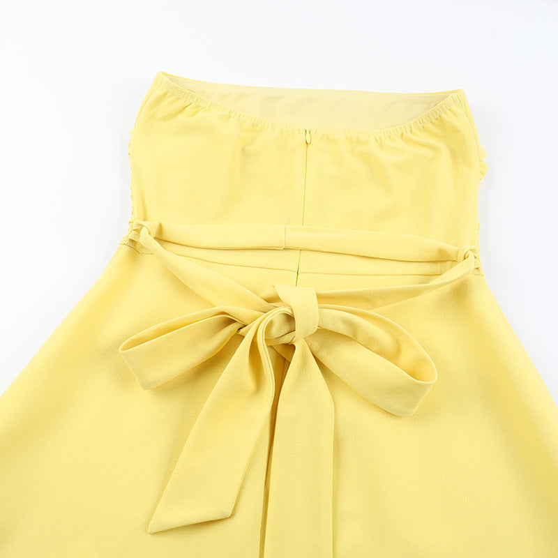 Womens Strapless A Line Mini Dress | Pleated Waist Bow Tie Back | noémi