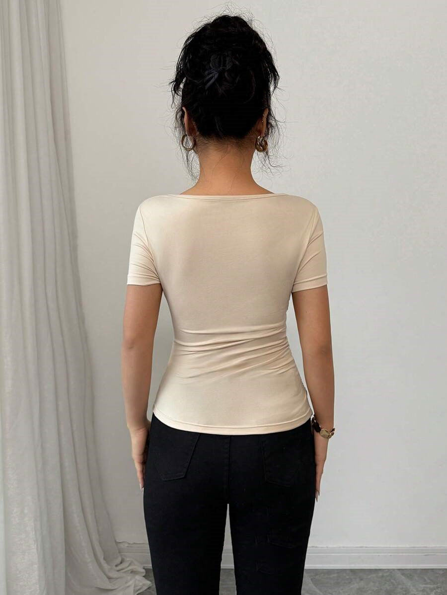 Women’s Asymmetric Pleated Short Sleeve TShirt | Embellished Collar | noémi