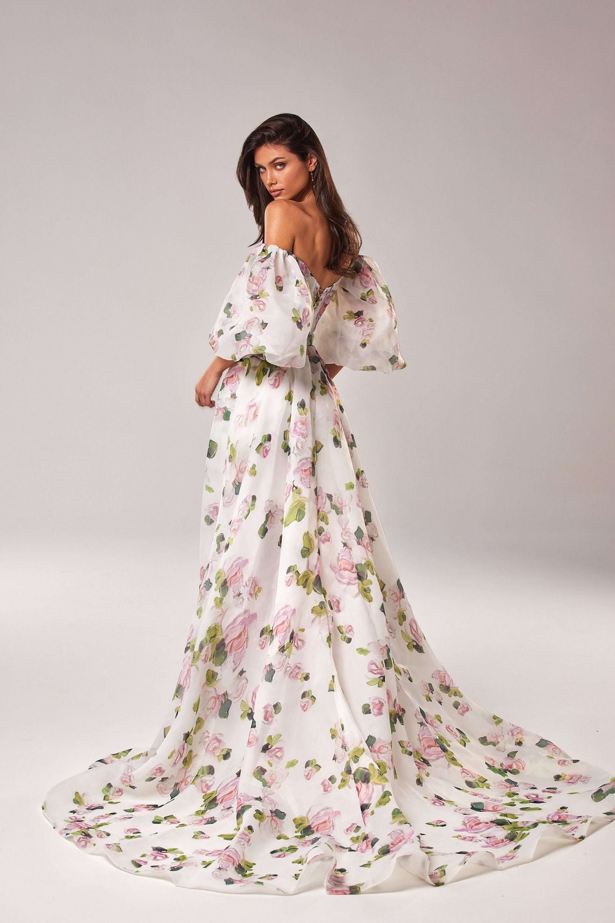 Floral Off Shoulder Dress | Split Gown with Puffy Sleeves & Corset Bodice | noémi