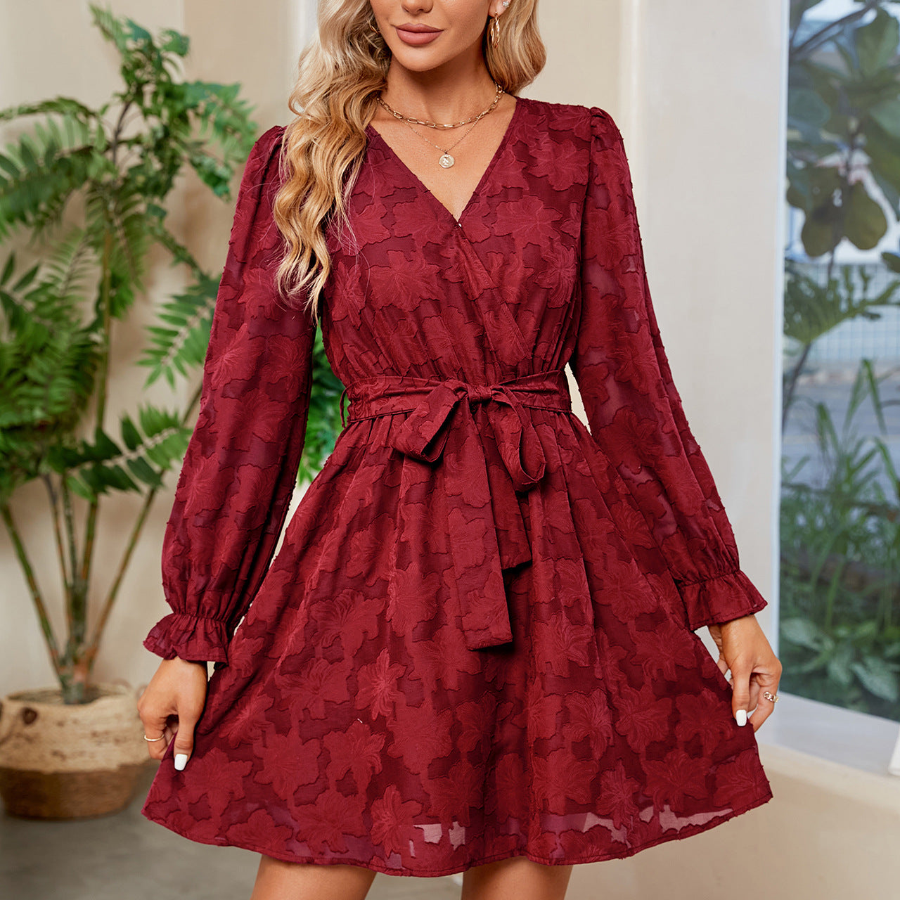 Lace Cocktail Dress | V Neck Long Sleeve Flare with Belt | noémi