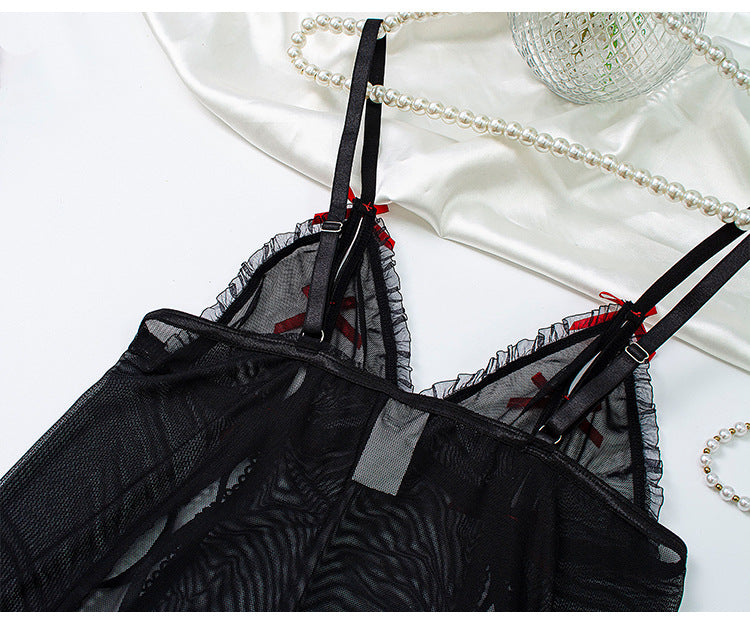 Womens Lace Up Cutout Lingerie Set with Bow Suspender and Matching Headband | noémi