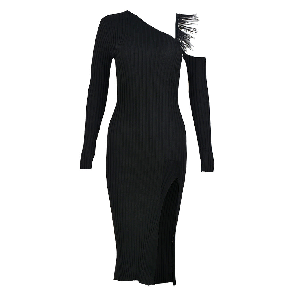 Hollow Out Furry Maxi Dress with Diagonal Collar and Cutout Detail | noémi