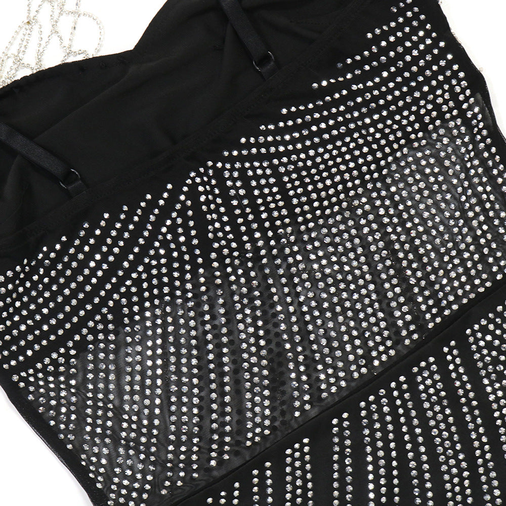 Mesh Panel Milk Silk Dress with Chain Straps and Rhinestone Detail | noémi