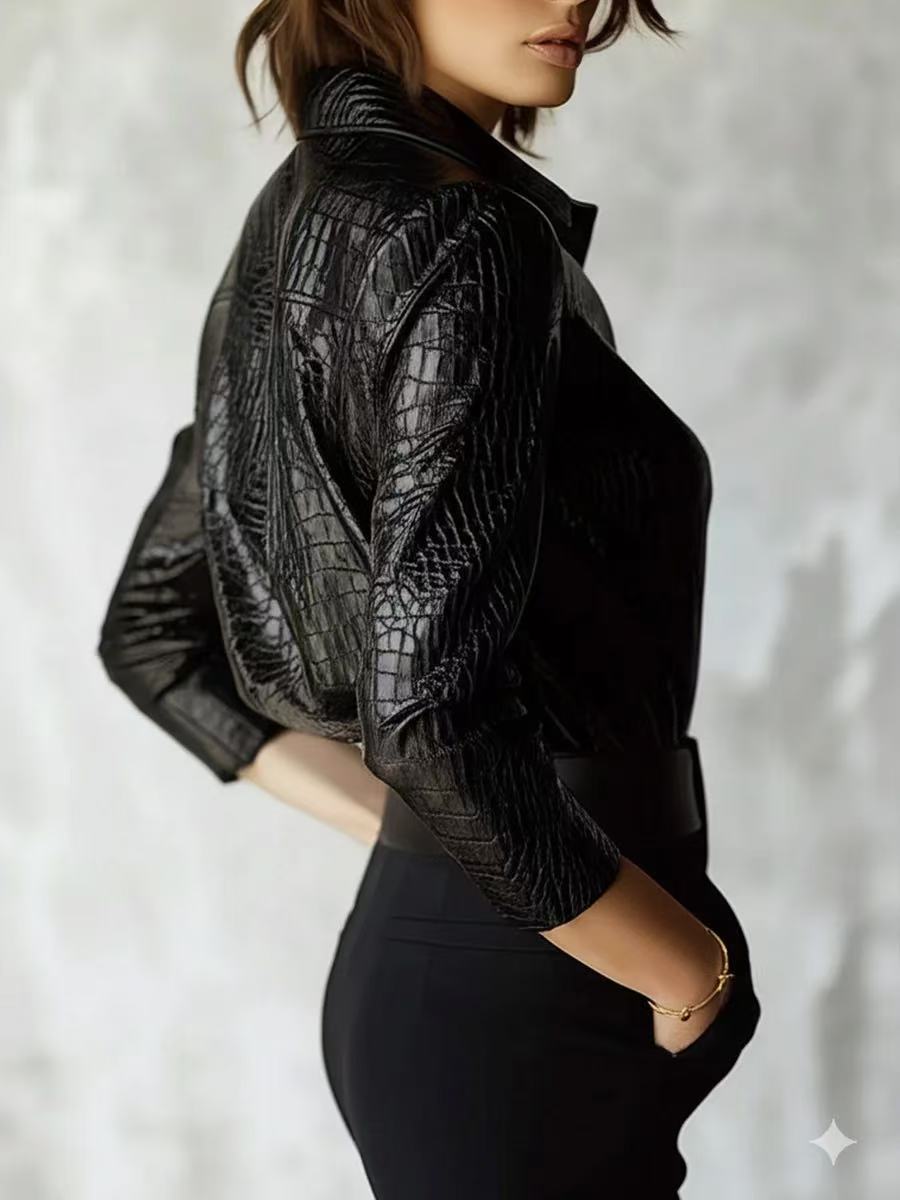 Glossy Faux Leather Shirt | Black Serpentine Texture, Long Sleeve Button Up for Women | noémi
