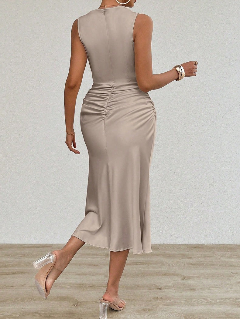 Women's Satin Midi Dress | Sleeveless, Ruched Waist, Elegant Bodycon Slip | noémi