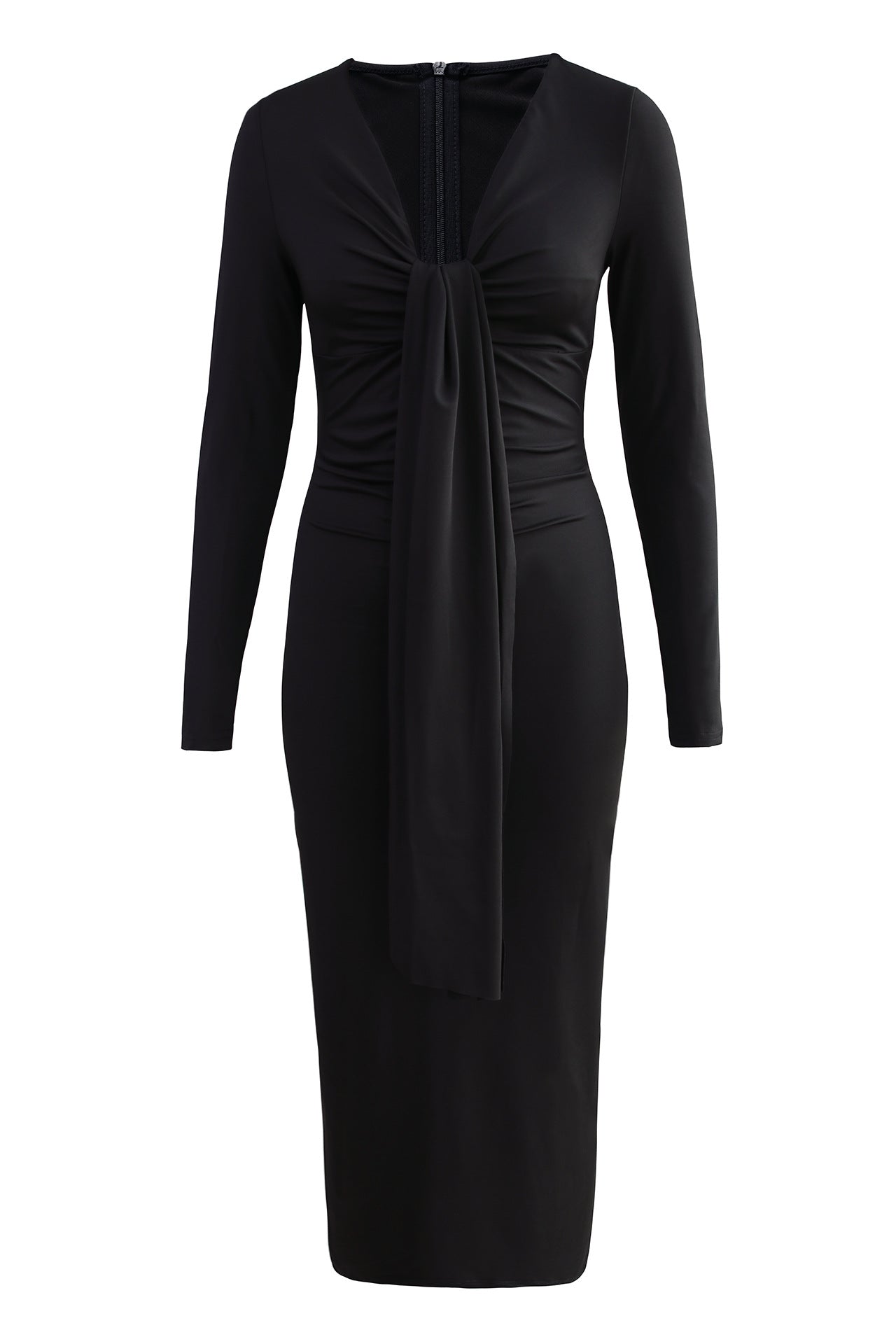 Pleated V Neck Dress with Fitted Waist and Long Sleeves | noémi