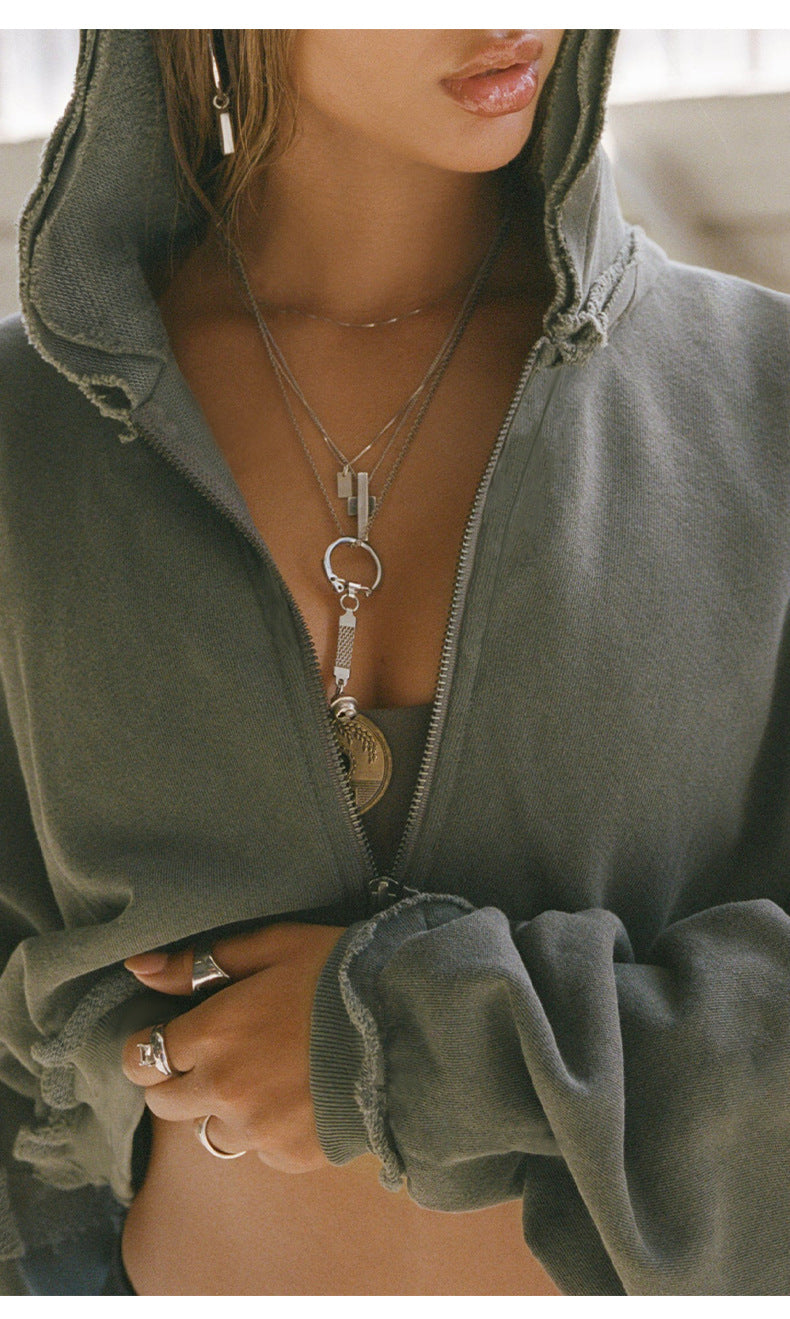 Cropped Hoodie | Frayed Hem, Long Sleeves, Soft Fleece Zip Up Jacket for Women | noémi