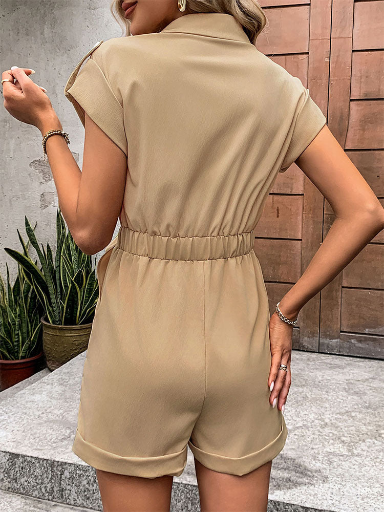 Summer Collared Short Sleeve Button Up Belted Jumpsuit | noémi