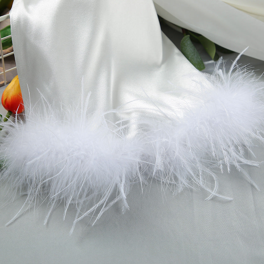 White Satin Feather Trim Robe | Bridal Lounge Robe, Belted Kimono Style | noémi