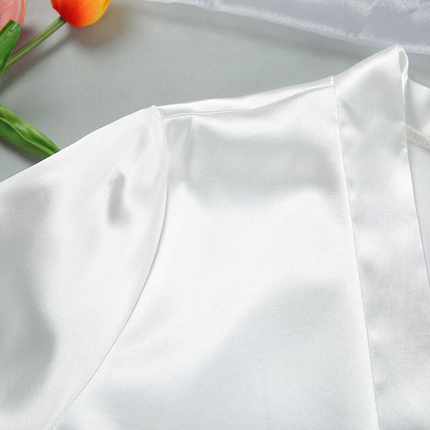 White Satin Feather Trim Robe | Bridal Lounge Robe, Belted Kimono Style | noémi