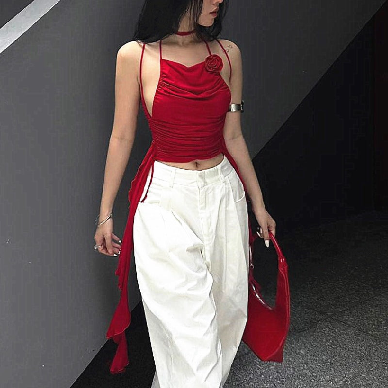 Bold Red Ruched Strappy Crop Top | Side Tie Tank | noémi
