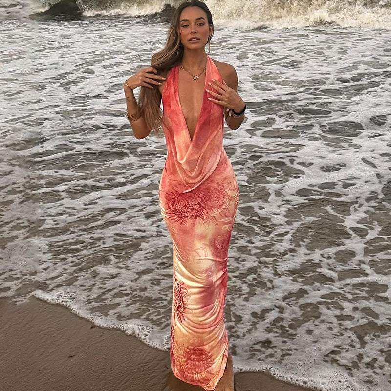 Women’s Summer Backless Printed Slit Beach Dress | LaceUp Waist, Lightweight & Flowy | noémi