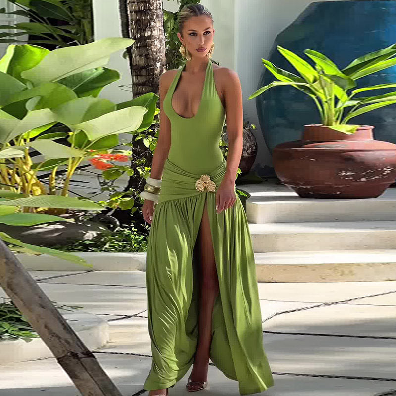 Green Two Piece Set | Ruffled Midi Skirt & Sleeveless Ribbon Tie Top | noémi