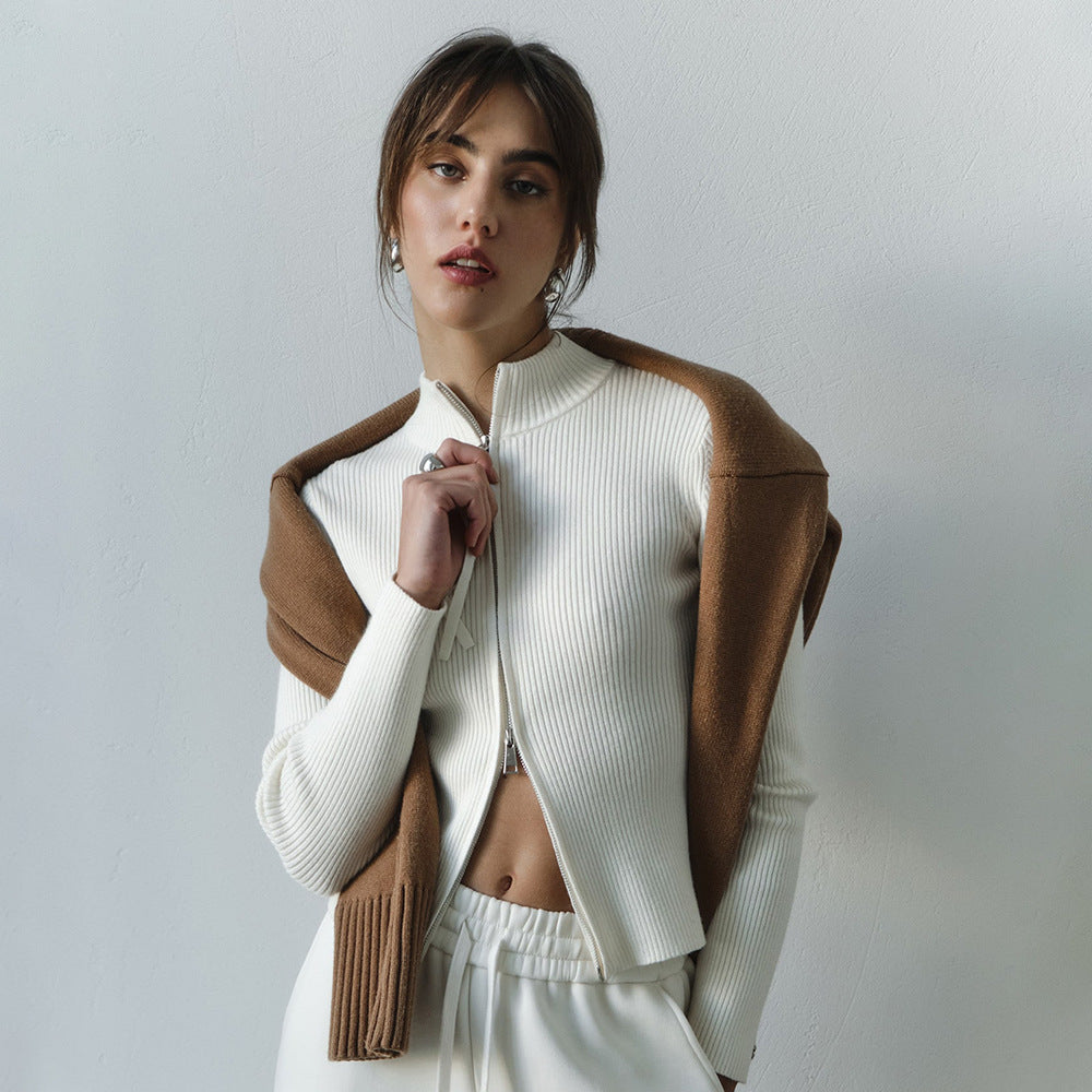 Womens Slim Fit Ribbed Knit Zipper Cardigan | Stand Collar | noémi