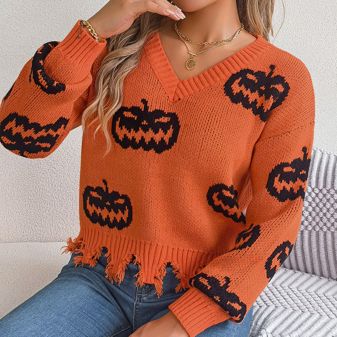 Halloween Pumpkin Sweater for Women | Cut Out Pullover with Distressed Hem | noémi