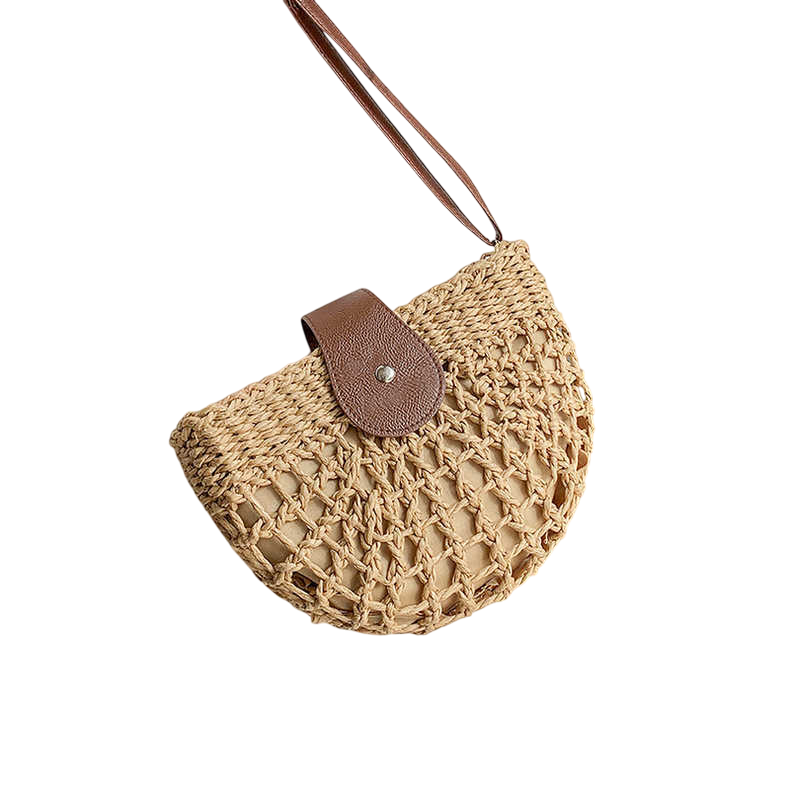 Straw Half-Moon Crossbody Bag – Hollow-Out Woven, Brown | noémi