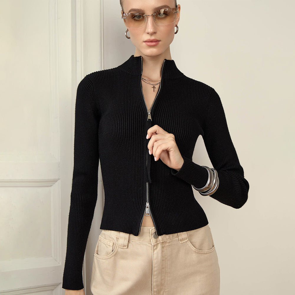 Womens Slim Fit Ribbed Knit Zipper Cardigan | Stand Collar | noémi