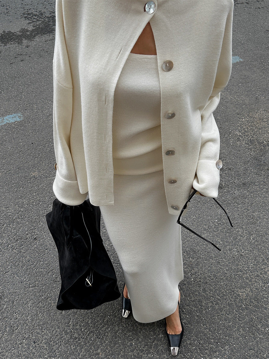 Knitted Long Sleeve Cardigan Camisole Skirt Set | Cozy Three Piece Sweater Set for Women | noémi