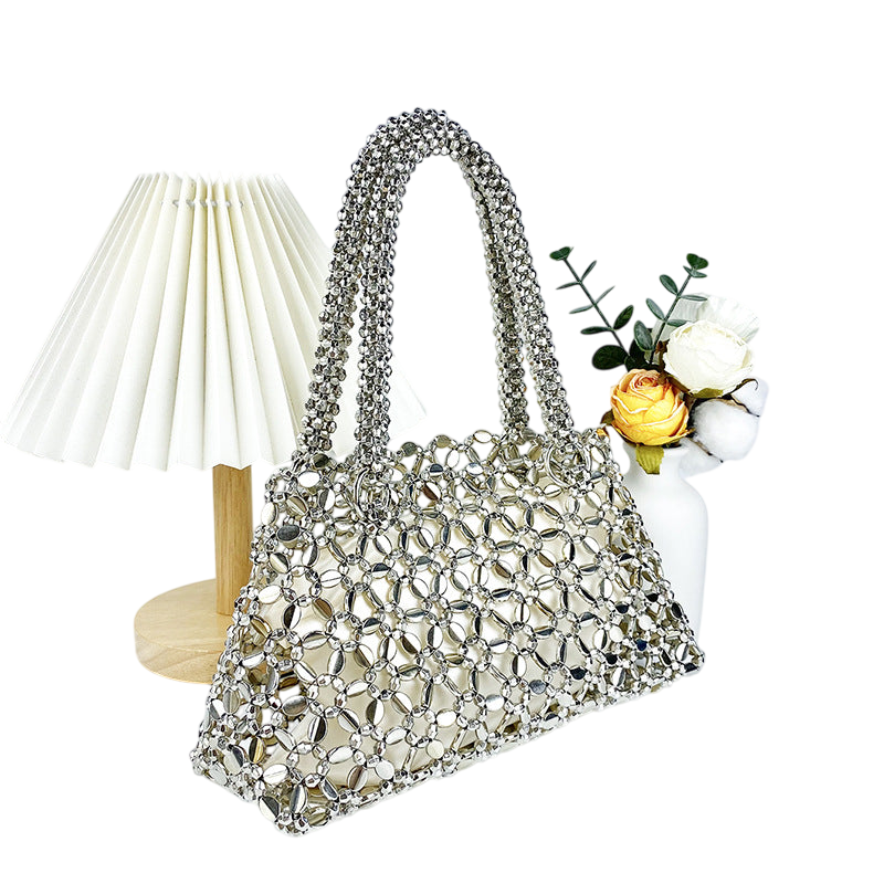 Gold Pearl Beaded Woven Underarm Tote – Handcrafted Hollow Design | noémi