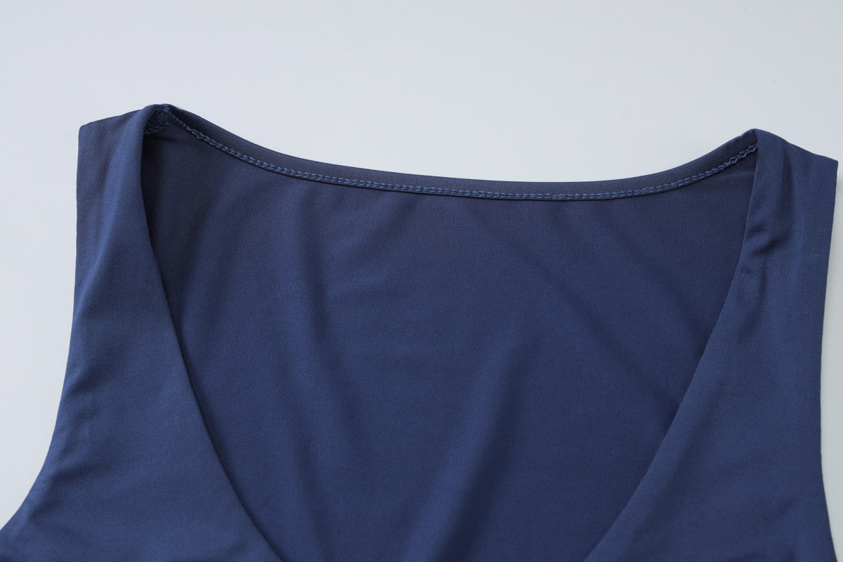 Women U Neck Sleeveless Pleated Slim Fit Sheath Dress Solid Color | noémi