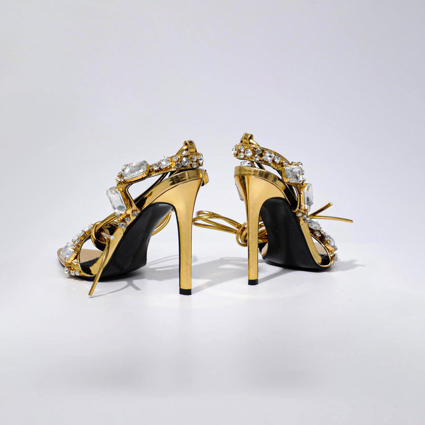 Crystal Embellished Metallic Heels | 11cm Rhinestone Lace Up High Heels | Pointed & Open Toe Sandals | noémi
