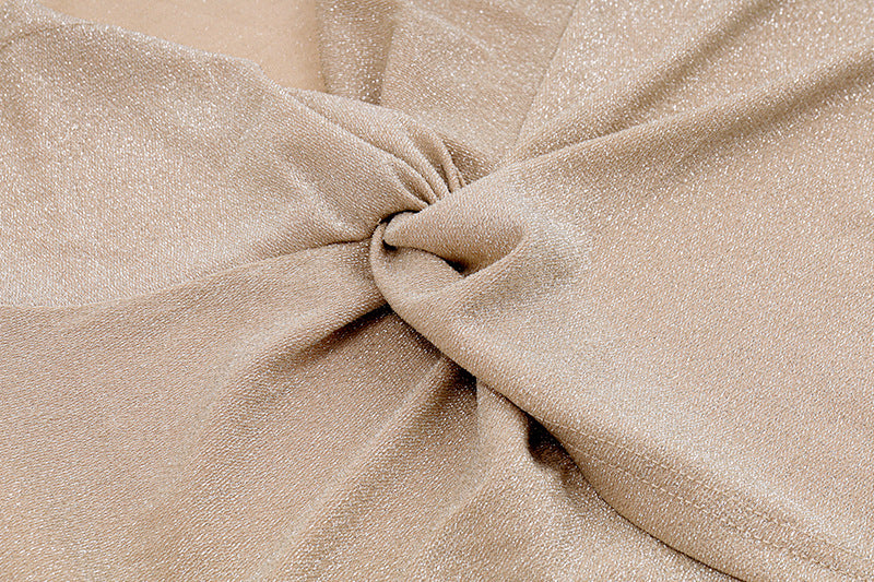 Beige Cut Out Bodycon Midi Dress | Strapless, Ruched Knot Front, High Slit | noémi