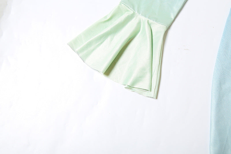 Ombré Ruched Mermaid Maxi Dress | Sky Blue to Mint Gradient with Fluted Sleeves | noémi