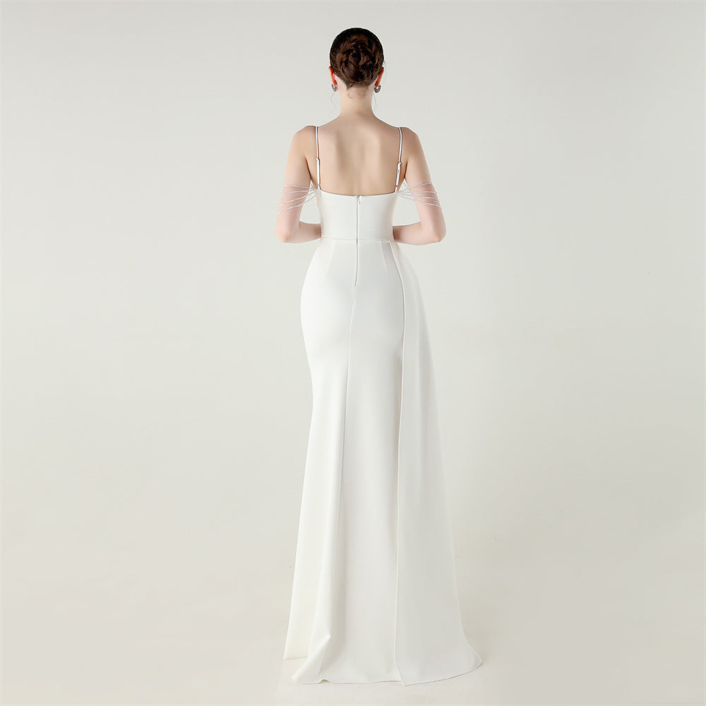 Satin Beaded Fishtail Dress | Spaghetti Straps, Thigh Slit | noémi